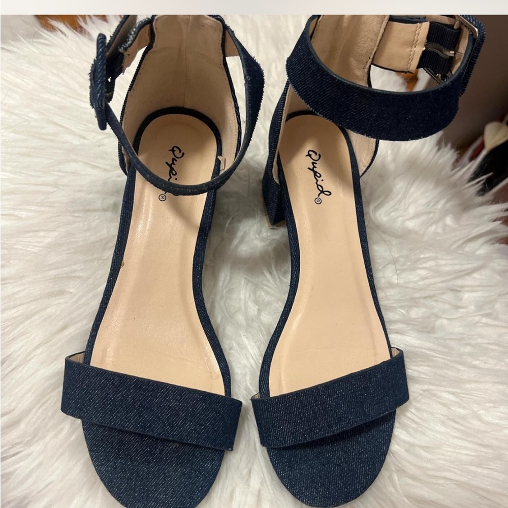 Qupid Dark Blue Denim Ankle Strap Sandals